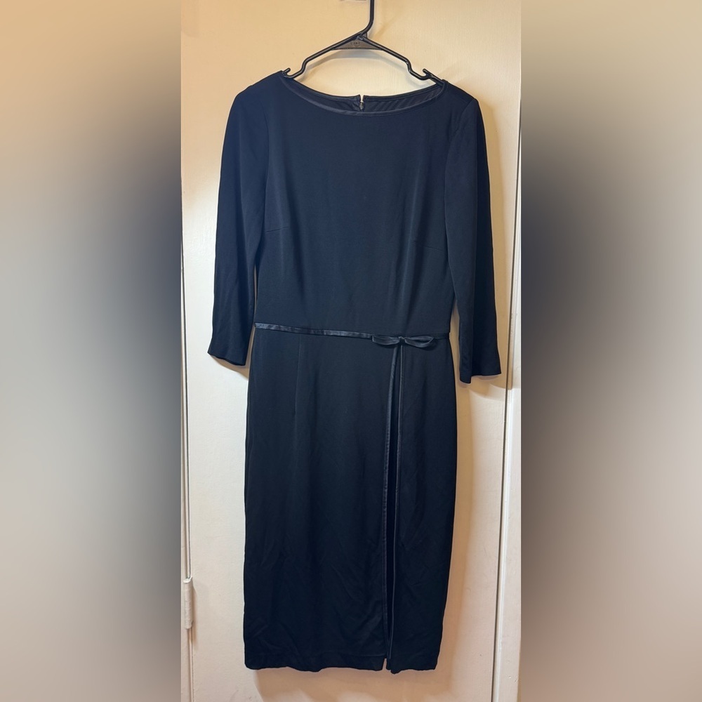 David Meister Black Quarter Sleeve Bow Waist Detail Formal Cocktail LBD Dress 8